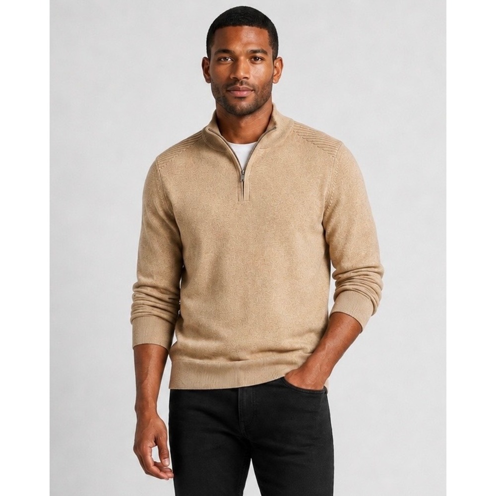 Hugo Boss Mens Tan Cotton Wool Blend Quarter Zip Sweater Regular Fit Large